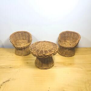 Doll Furniture Vintage 70s Wicker Cane Table Chairs Furniture Hong Kong Toys
